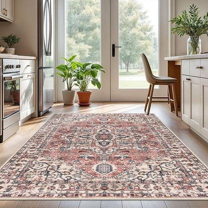 KOZYFLY Boho Area Rug 5x7 Ft Thin Washable Rugs for Living Room Faux Wool Throw Carpet Printed Non Slip Rug for Entryway Bedroom Dining Room Living Space, Red Salmon/Pink/Navy