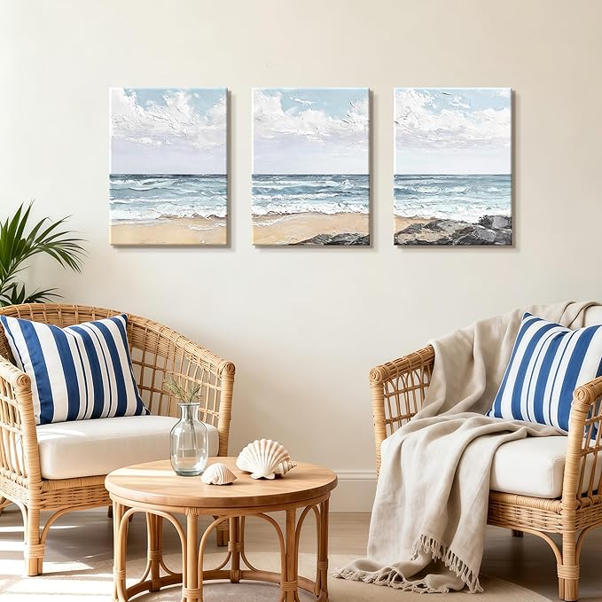 WENGTIAO Beach Canvas Wall Art Prints Set of 3 Coastal Seaside Wall Paintings Abstract Seascape Photos Pictures Blue Ocean Artwork for Home Decor Living Room Bedroom Office 12”x16”x3
