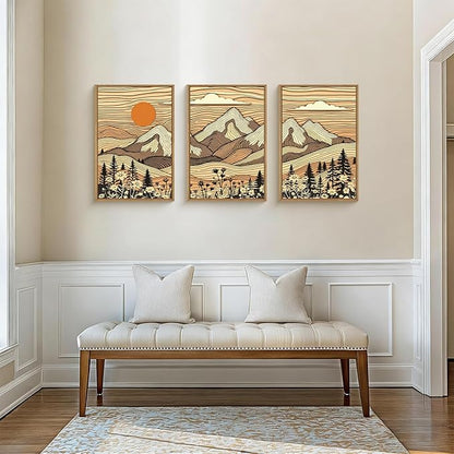 HPNIUB Woodcut Style Mountain Framed Wall Art Set,Abstract Wilderness Forest Wall Decor,Vintage Boho Sunset Art Print,Brown Line Nature Forest Scenery Artwork for Living Room,Bedroom,Office-24 x36 x3