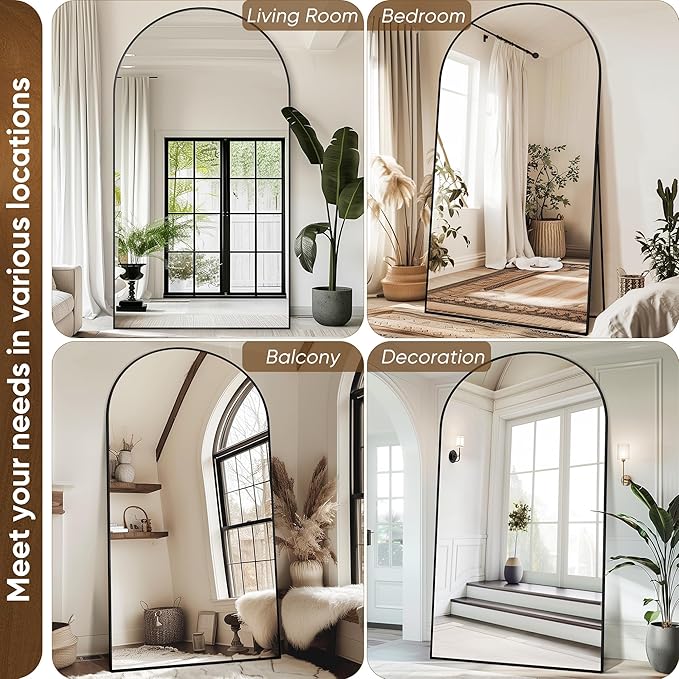 Antok Oversized Full Length Mirror with Stand, 91"x46" Arched Floor Mirror, Aluminum Frame, Wall Mounted/Leaning/Free Standing, Large Body Mirror for Bedroom Living Room Entryway Dressing Room,Black