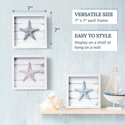 Tide and Tales 3D Starfish Wall Art (Framed Set of 3) Coastal Theme Wall Hanging Decoration for Bathroom or Tropical Bedroom, Ocean Inspired Seashell Decor for Home or Beach House (7"x 7")