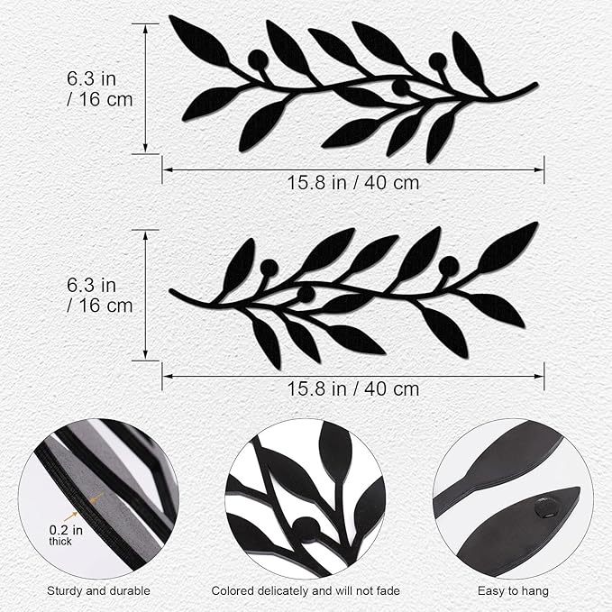 Zzbakress 2 Pieces Black Leaf Wall Decor Living Room, Wooden Vine Olive Branch Leaves Wall Decorations, Wooden Wall Art Decor For Hallway Bathroom Outdoor (Black)