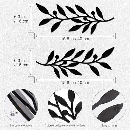 Zzbakress 2 Pieces Black Leaf Wall Decor Living Room, Wooden Vine Olive Branch Leaves Wall Decorations, Wooden Wall Art Decor For Hallway Bathroom Outdoor (Black)