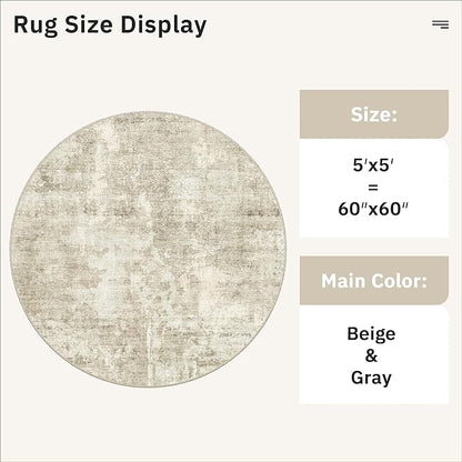 Soalmost 5x5 Beige Gray Round Rug 5ft Living Room Circle Rug Vintage Round Area Rug Non Slip Indoor Carpet for Entryway Dining Room Bedroom