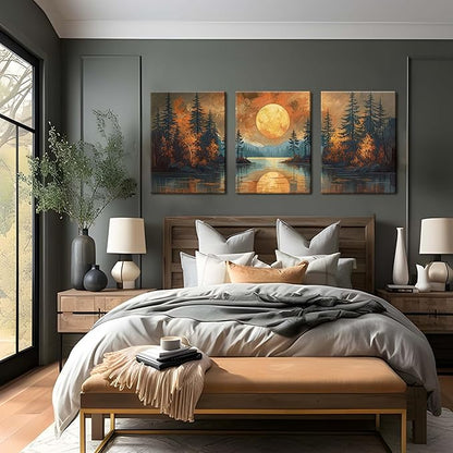 Framed Gold Mountain Forest Sunset Landscape Wall Art Set of 3, Abstract Boho Lakeside Forest Sunset Wall Decor, Vintage Nature Landscape Canvas Prints Poster for Living Room Bedroom Office 12x16 Inch