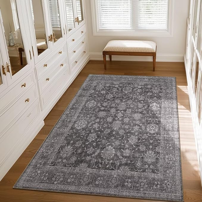 Washable 3x5 Entryway Rug, Boho Non-Slip Vintage Distress Small Rugs for Kitchen Nursery Office Bedroom, 0.3" Neutral Oriental Throw Thin Carpet with Cushioning Pad, Grey/Multi, E3
