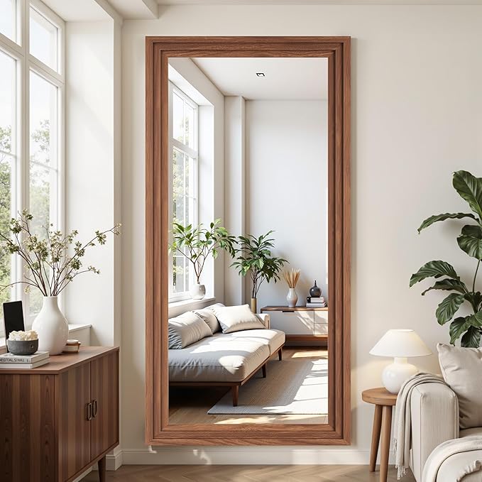 Antok Full Length Mirror with Solid Wood Frame, 81"×41" Wall Mounted Oversized Floor Mirror with Stand, Leaning Standing Hanging for Bedroom Living Room Entryway, Brown, Rect Style