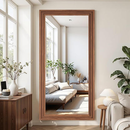 Antok Full Length Mirror with Solid Wood Frame, 81"×41" Wall Mounted Oversized Floor Mirror with Stand, Leaning Standing Hanging for Bedroom Living Room Entryway, Brown, Rect Style