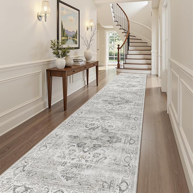 Washable 2.6x12 Runner Rug - Non Slip Long Vintage Hallway Runner Rugs for Kitchen Stain Resistant Indoor Mat Waterproof Carpet for Living Room Entryway Bedroom Laundry Ivory/Gray 2'6''x12'