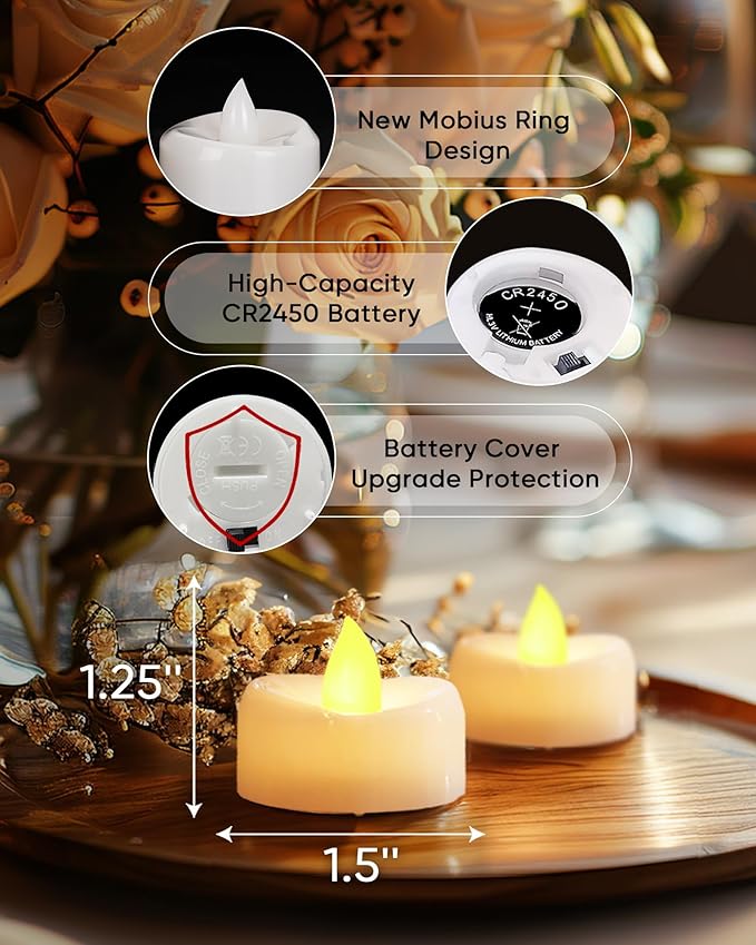 merrynights Remote Candles, 24PCS Flameless Tea Lights Candle Battery Operated with Timer, 400+Hours Remote Control LED Tea Lights Votive Candle - 1.5'' D X 1.25'' H- Warm Yellow Light