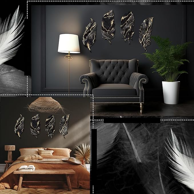 Qunclay 4 Pieces Feather Wall Decor Wooden Feather Wall Art Boho Wall Decor Laser Cut Hanging Mandala Large Rustic Farmhouse Wood Sign for Home Living Room Bedroom Bathroom Kitchen(Black, Gold)