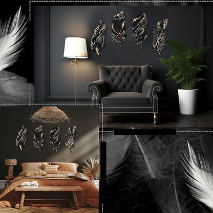 Qunclay 4 Pieces Feather Wall Decor Wooden Feather Wall Art Boho Wall Decor Laser Cut Hanging Mandala Large Rustic Farmhouse Wood Sign for Home Living Room Bedroom Bathroom Kitchen(Black, Gold)