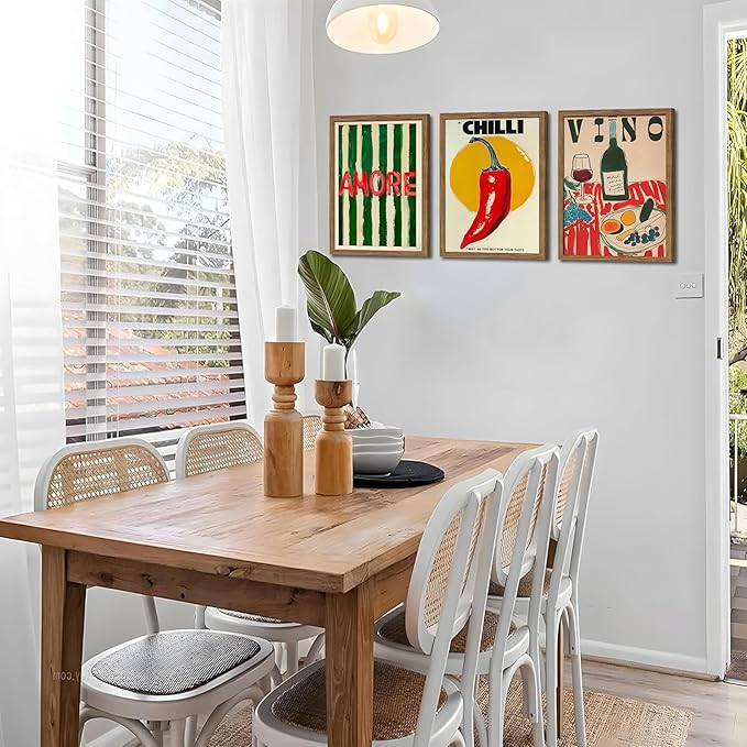 Framed Kitchen Wall Art Set of 3, Abstract Table Food Kitchen Wall Decor, Chilli Pictures Prints Artwork, Vintage Dining Room Canvas Painting, Modern Kitchen Home Decoration – 16x24 inch