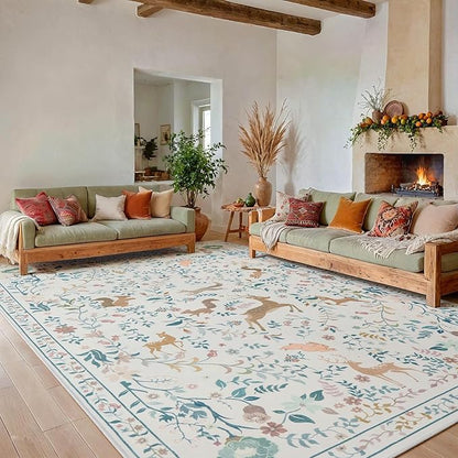 8x10 Area Rugs Washable Rug: Lagre Boho Living Room Rug Soft Non-Slip Thin Carpet Indoor Floor Non-Shedding Neutral Floral Carpets for Bedroom Dining Room Farmhouse Nursery Cream Gray