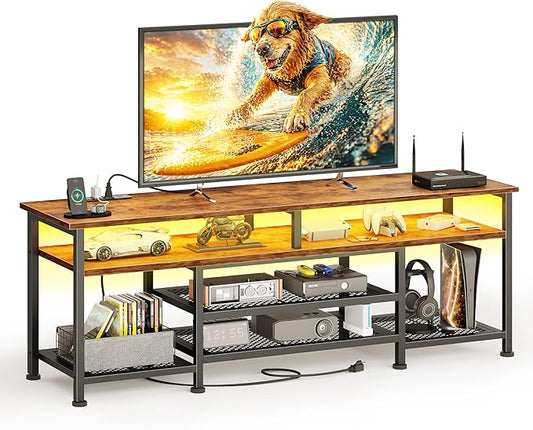 Korfile TV Stand for 60/65/70 inch TV,63 InEntertainment Center with LED Lights and Power Outlets, TV Console Table with Open Shelves for Living Room and Bedroom, Rustic Brown