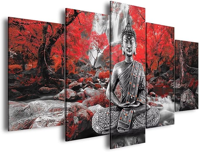 AWLXPHY Decor Buddha Wall Art Canvas Waterfall Painting Framed 5 Panels for Living Room Decoration Modern Landscape Buddha Trees Zen Wall Art Giclee (Red, 40"x20")