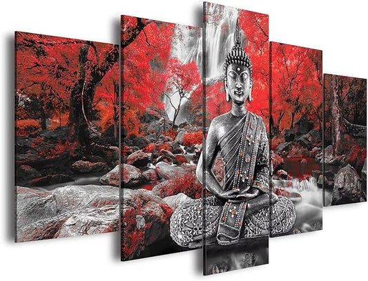 AWLXPHY Decor Buddha Wall Art Canvas Waterfall Painting Framed 5 Panels for Living Room Decoration Modern Landscape Buddha Trees Zen Wall Art Giclee (Red, 40"x20")