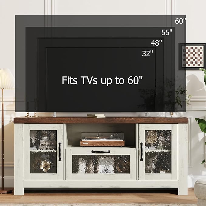 Farmhouse TV Stand for 60 Inch TVs, Wood Entertainment Center with Acrylic Door Storage Cabinets, Adjustable Shelves, Sturdy TV Console Table for Living Room Bedroom, Rustic White