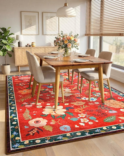 Macgace 5x7 Floral Rug for Girls Bedroom, Machine Washable Area Rugs with Non Slip Backingfor Living Room, Cute Flowers Carpet Kitchen Dining Room Kids Playroom Decor, Christmas Red