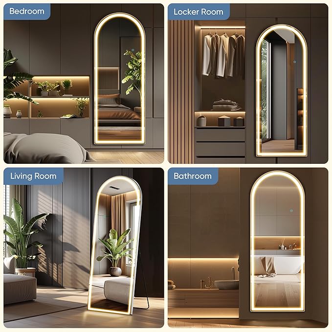 26"×71" Arched LED Full Length Mirror with Stand, Full Body Wall-Mount Mirror with LED Lights 3 Color Lighting, Hanging or Leaning, Floor Standing, Modern Simple Home Wall Decor