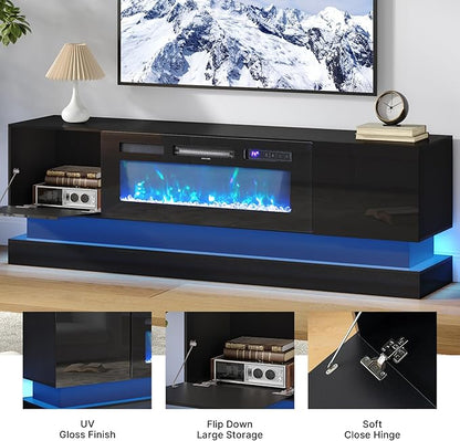 WelFurGeer 36" Electric Fireplace TV Stands with LED Lights, High-Gloss Modern Media Console Table for TV up to 75", Black Fireplace TV Stand with Storage, Entertainment Center for Living Room