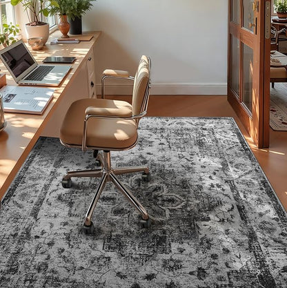 YOH Boho Washable Rug 5x7, Black Vintage Non Slip Area Rug, Distressed Indoor Carpet for Living Room Bedroom Kitchen Office