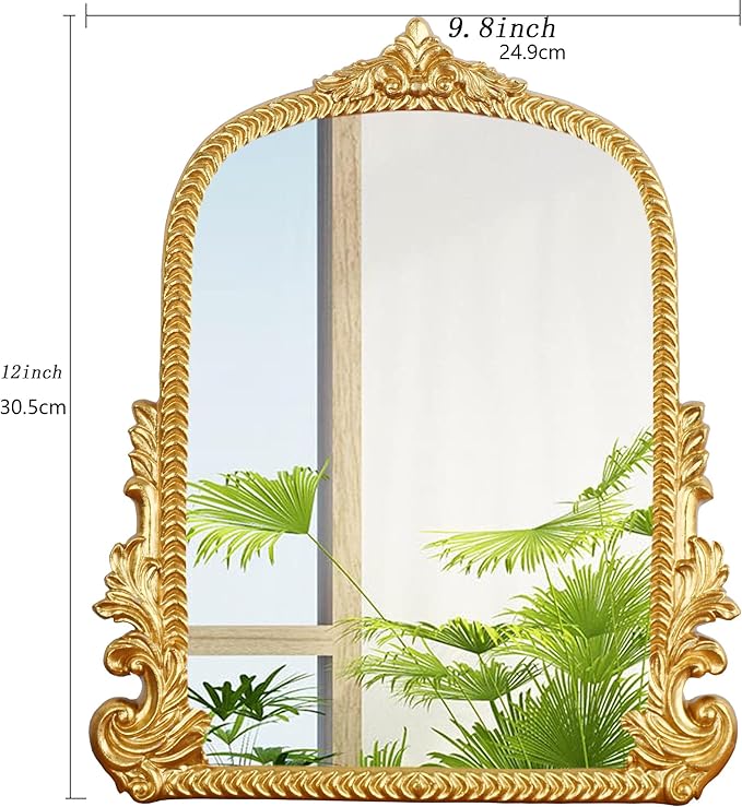 Vintage Gold Arched Mirror for Vanity with Resin Frame -Small Size (9.5 x 11.6 inch) Standing Mirror for Living Room, Bedroom, Tabletop