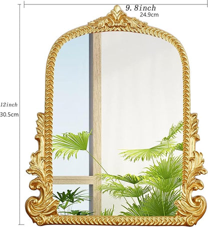 Vintage Gold Arched Mirror for Vanity with Resin Frame -Small Size (9.5 x 11.6 inch) Standing Mirror for Living Room, Bedroom, Tabletop