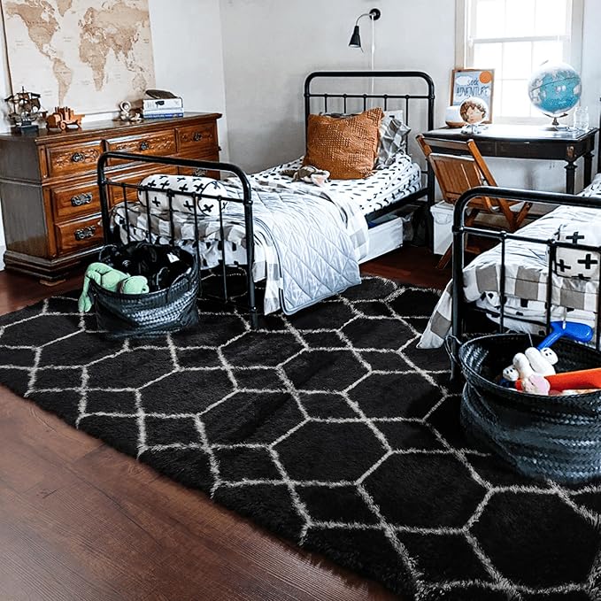 ONASAR 7x9 Area Rugs for Living Room Bedroom, Large Fluffy Black and White Throw Rug, Geometric Soft Plush Shaggy Indoor Floor Carpet for Nursery Kids Girls Boys Teen Dorm Home Decor Aesthetic
