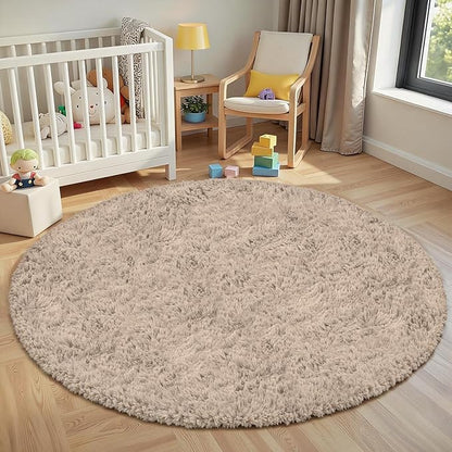 Beige Round Fluffy Rug 6ft,Soft Bedroom Circle Rugs Mats for Kids Girls Nursery Room,Washable Plush Shaggy Indoor Non Slip Rug for Bedside Living Room Bedroom Circular Carpet,Home Decor Aesthetic