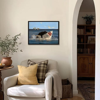 Floating Framed Black Cat Wall Art, Funny Quirky Cat and Shark Pictures Canvas Print, Abstract Black Cat Shark Posters Wall Decor for Room Bedroom Living Room Bathroom Aesthetic 12x16 inch