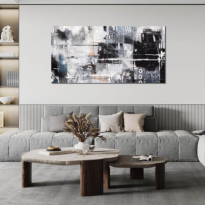 HUBOSKN Abstract Wall Art for Living Room Large Size - Black and White Canvas Wall Art for Office - Modern Art Wall Decor for Bedroom Size 29" x 59"
