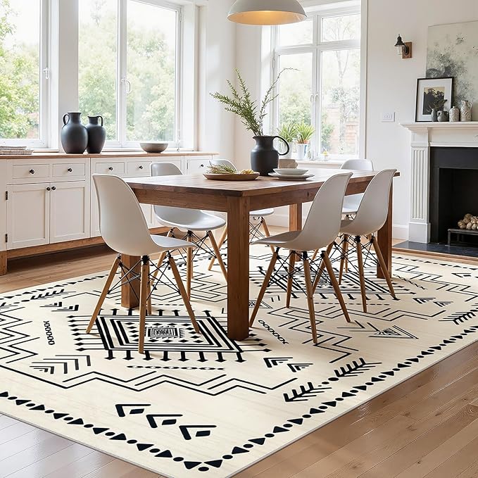 Joydeco Moroccan Rug 8x10 for Living Room, Modern Washable Area Rugs for Bedroom, Low Pile Western Carpet for Dining Room Table, Distressed Aztec Soft Carpet for Office Home Decor, Ivory
