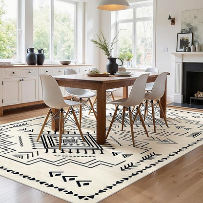 Joydeco Moroccan Rug 8x10 for Living Room, Modern Washable Area Rugs for Bedroom, Low Pile Western Carpet for Dining Room Table, Distressed Aztec Soft Carpet for Office Home Decor, Ivory