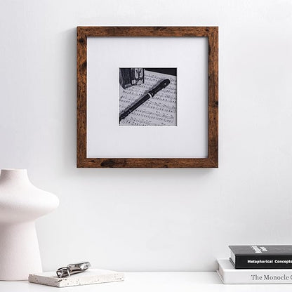 eletecpro 8x8 Picture Frames Set of 9 Classic Gallery Wall Frame Set Displays 4x4 Photo with Mat or 8x8 without Mat, Square Picture Frames Collage Wall Decor, Rustic Brown Modern Home Decor for