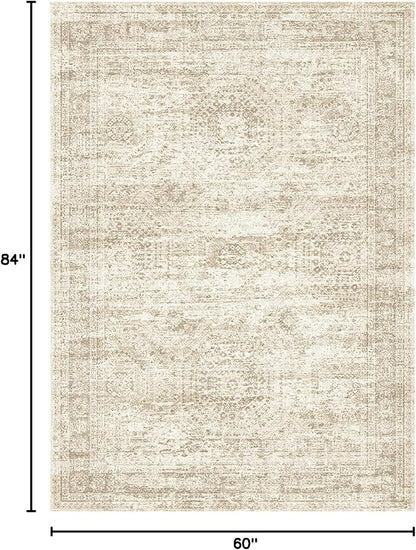 Soalmost 5x7 Area Rugs Beige Low Pile Indoor Washable Trendy Faded Style Rugs for Bedroom Living Room Dining Room Foldable Non-Slip Thin Print Home Office Mat