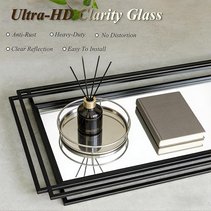 Rectangle Vanity Mirror, 24"x36" Geometric Wall Mirror with Black Metal Frame, Modern Elegant Art Mirrors for Living Room Bathroom Bedroom Entryway Hallway, Hangs Vertically or Horizontally