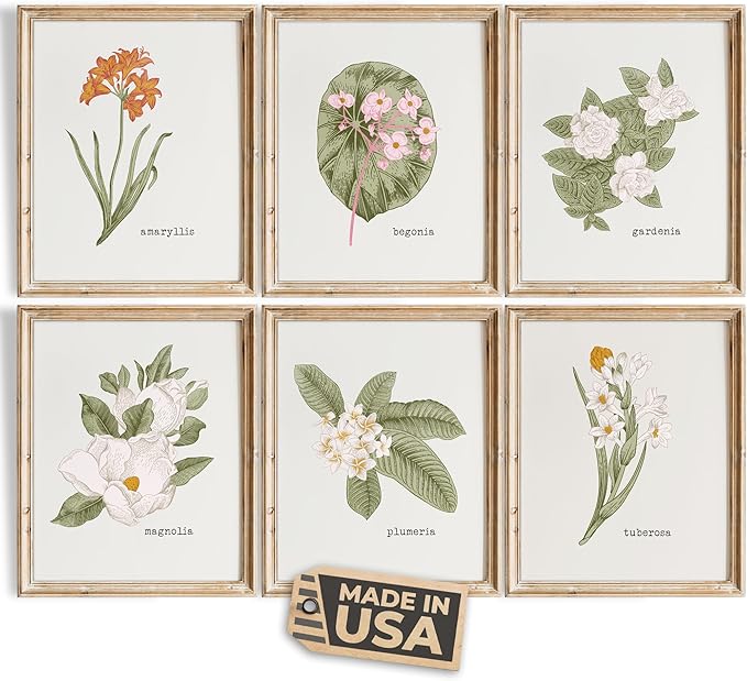 Vintage Botanical Wall Art Prints (Set of 6) - Unframed - 8x10s | Flower Wall Decor | Kitchen Wall Decor | Vintage Wall Decor | Botanical Wall Art | Aesthetic Wall Décor | Living Room Decor