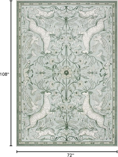 Lahome 6x9 Washable Deer Rug, Dorval Boho Botanical Cottage Area Rug, Non Slip Low Pile Soft Light Green Carpet for Living Room Dining Room Bedroom Kitchen Nursery Decor