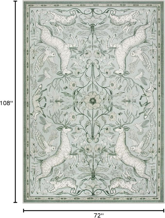 Lahome 6x9 Washable Deer Rug, Dorval Boho Botanical Cottage Area Rug, Non Slip Low Pile Soft Light Green Carpet for Living Room Dining Room Bedroom Kitchen Nursery Decor