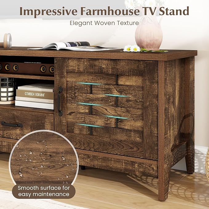 Giantex Farmhouse TV Stand for 65 Inch TVs, 59" Wood Entertainment Center with 2 Woven Accent Doors, Storage Drawer & 3 Adjustable Shelves, Media Console Table for Living Room, Bedroom (Rustic Brown)