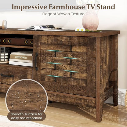 Giantex Farmhouse TV Stand for 65 Inch TVs, 59" Wood Entertainment Center with 2 Woven Accent Doors, Storage Drawer & 3 Adjustable Shelves, Media Console Table for Living Room, Bedroom (Rustic Brown)