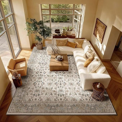 Washable 8x10 Area Rugs for Living Room, Boho Non-Slip Vintage Distress Large Rugs for Bedroom Dining Room Nursery Office, 0.3" Neutral Oriental Throw Thin Carpet,Cream/Blue/Orange/Multi,A2
