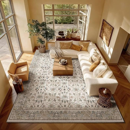Washable 8x10 Area Rugs for Living Room, Boho Non-Slip Vintage Distress Large Rugs for Bedroom Dining Room Nursery Office, 0.3" Neutral Oriental Throw Thin Carpet,Cream/Blue/Orange/Multi,A2
