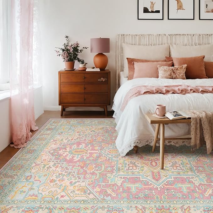 Kokia 4x6 Washable Area Rugs Pink Orange with Vintage Orient Design, Soft Rug for Living Room or Bedroom, Non-Slip Low Pile Stain Resistance Features, Distressed Medallion Pattern