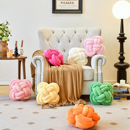Xuyier Knot Pillow Ball, Decorative Throw Pillows with Velvet Fabric for Couch Bed, 12" Decor Knotted Square Floor Pillow Cushions for Living Room (12 Inches, Coral Pink)