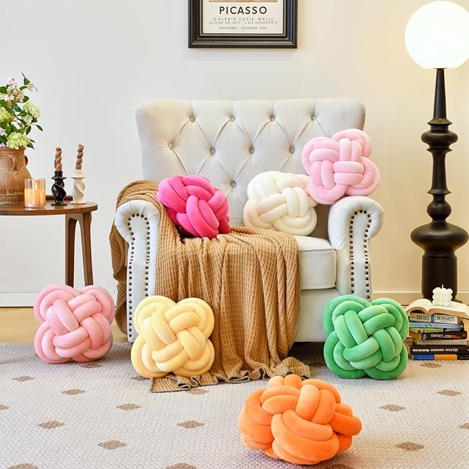 Xuyier Knot Pillow Ball, Decorative Throw Pillows with Velvet Fabric for Couch Bed, 12" Decor Knotted Square Floor Pillow Cushions for Living Room (12 Inches, Blush Pink)