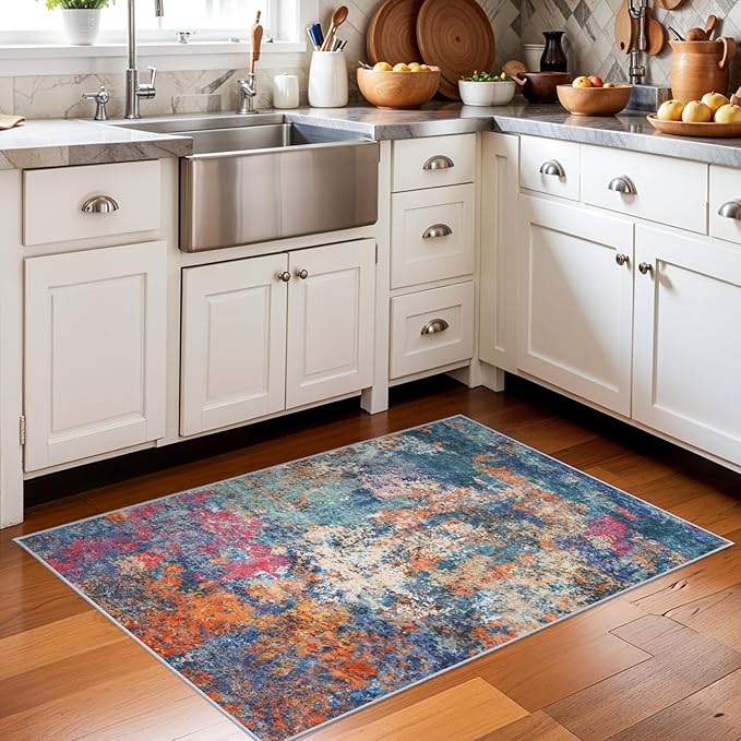 2x3 Rug Washable Runner for Entryway: Abstract Non Slip Bathroom Area Rug for Kitchen Floor Laundry Room - Small Soft Low-Pile Ultra Thin Rainbow Throw Door Mat for Modern Home Decor (2x3 Colorful)