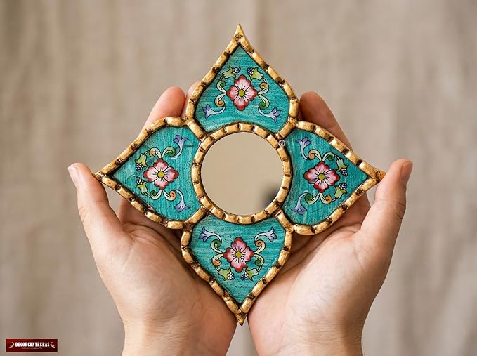 Peruvian Artisan Mirror for wall Decor– Small Diamond/Square wall Mirror with Bronze Leaf Frame (Turquoise)