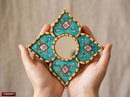 Peruvian Artisan Mirror for wall Decor– Small Diamond/Square wall Mirror with Bronze Leaf Frame (Turquoise)